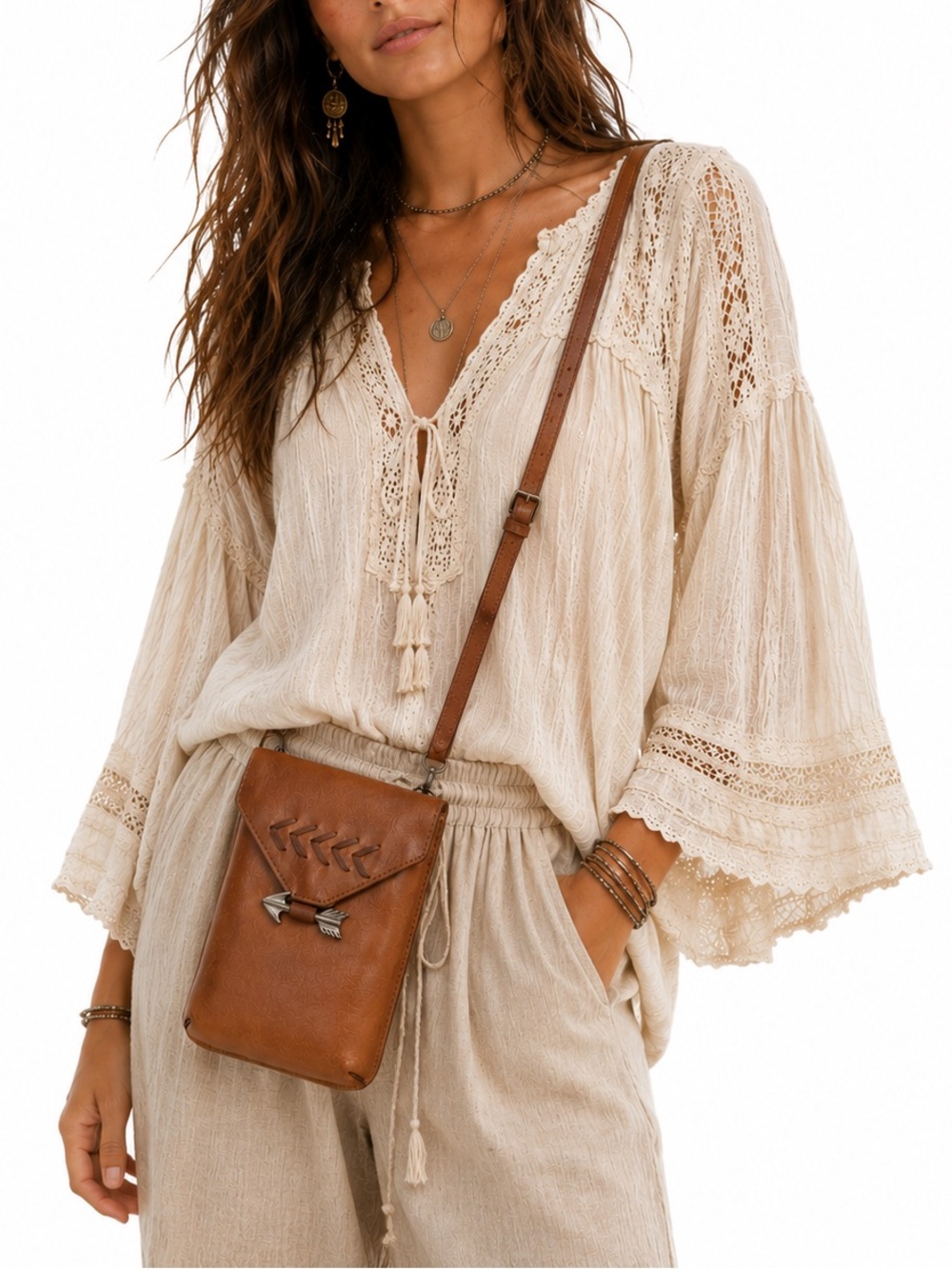 Most Wanted USA Tan Distressed Leather Crossbody Arrow Boho Western Festival